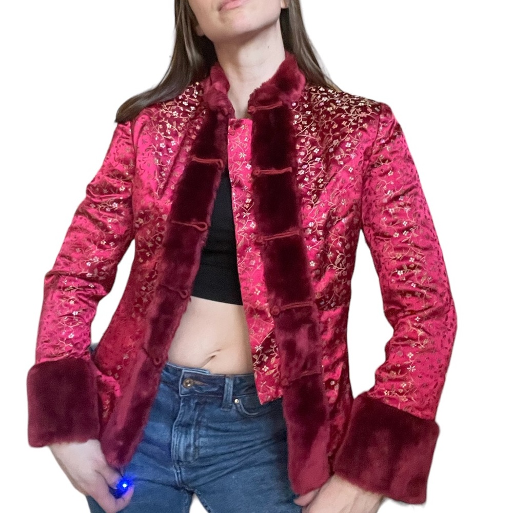 Red Satin Oriental Fur Collared Japanese Blazer Jacket Size Small